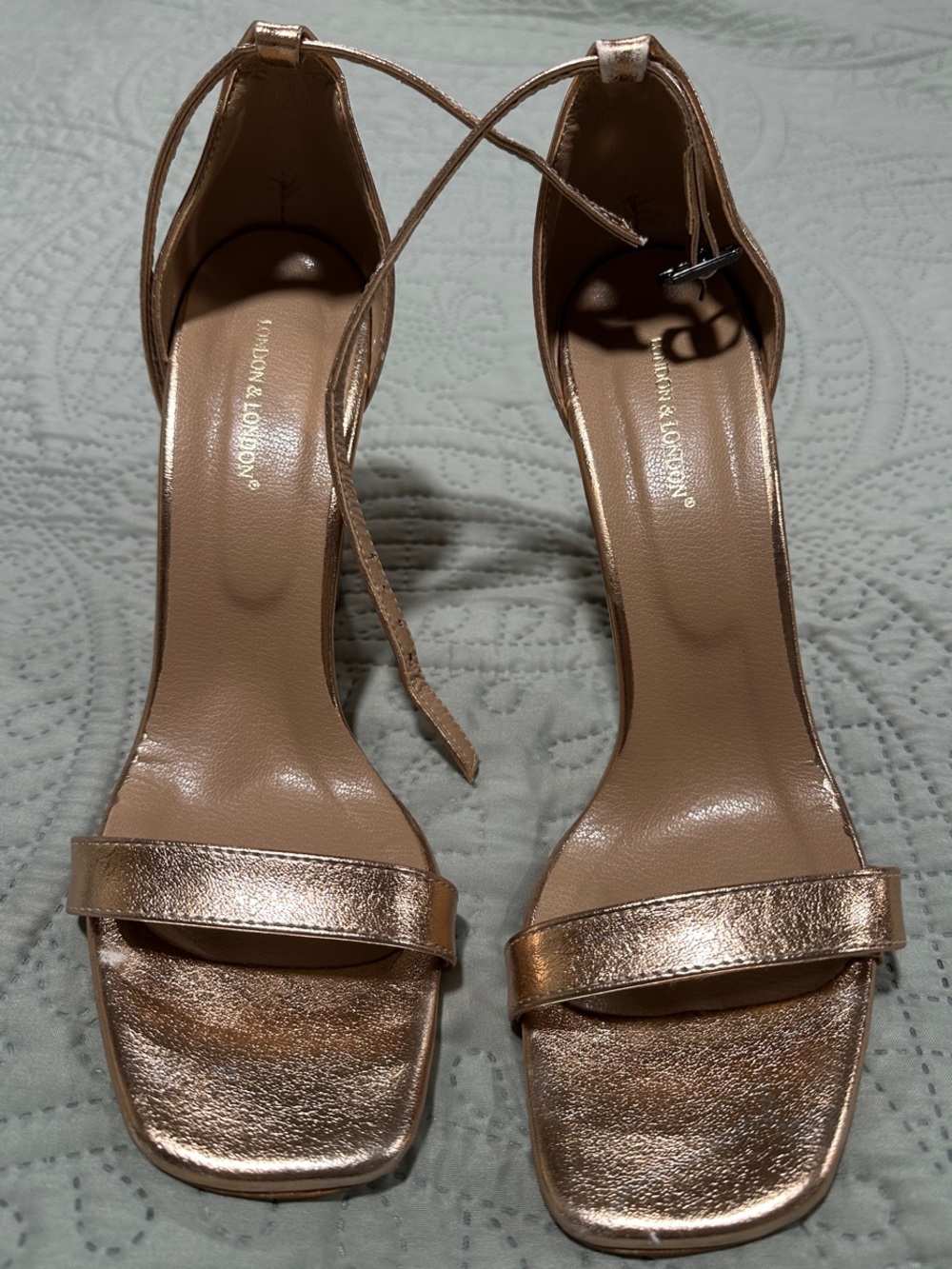 London & London Metallic Rose Gold Ankle-Strap Heels